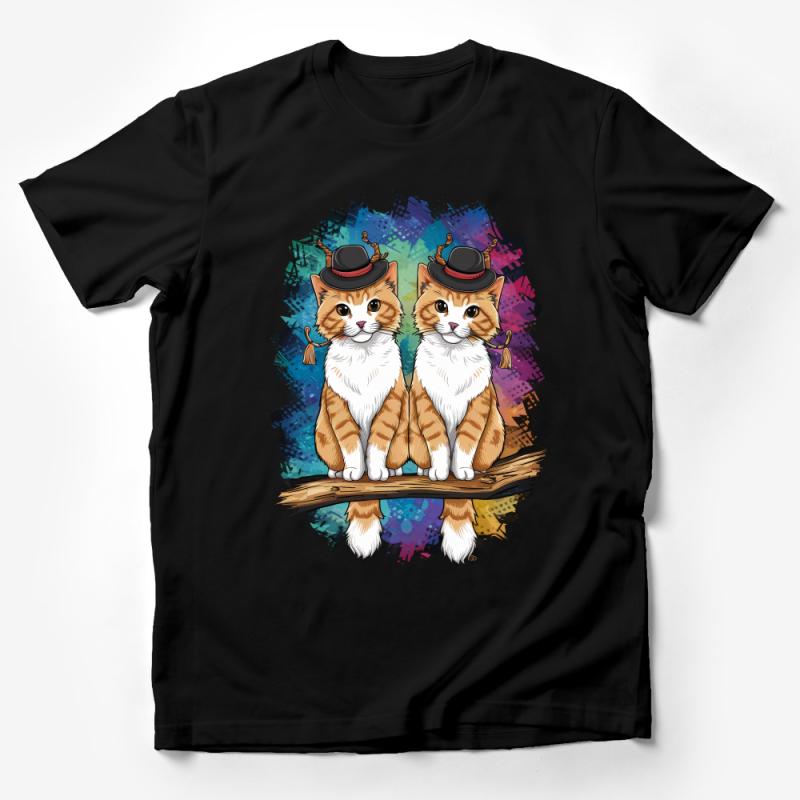 Whimsical Cat Duo T-Shirt, Cute Illustrated Ginger Cats with Hats, Artistic Feline Design Tee, Unisex Cat Lover Top, Colorful Pet Apparel Male T-Shirt