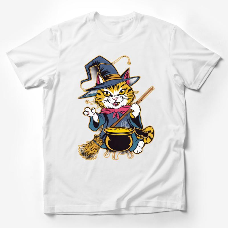 Whimsical Cat Witch T-Shirt, Halloween Kitty with Hat and Cauldron, Cute Feline Wizard Tee, Unique Fantasy Cat Lover Gift Male T-Shirt