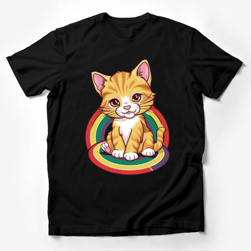 Cute Cartoon Kitten T-Shirt, Whimsical Cat on Rainbow, Unisex Graphic Tee, Soft Cotton Animal Shirt, Gift for Cat Lovers Male T-Shirt