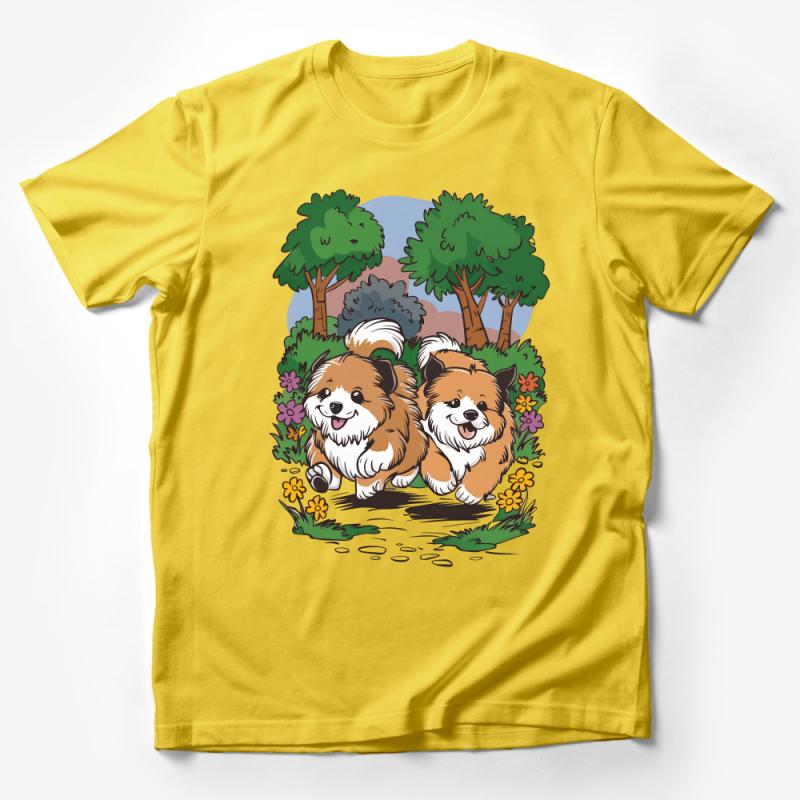 Cute Dog T-Shirt, Fluffy Pomeranians in Nature, Cartoon Animal Friends Tee, Unisex Graphic Shirt, Casual Wear, Pet Lover Gift Male T-Shirt