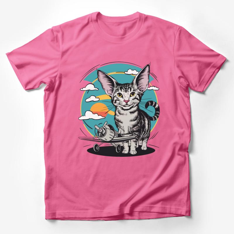 Adventure Cat T-Shirt, Cute Kitten Pilot Cartoon, Unisex Graphic Tee, Sunset and Plane Illustration, Gift for Cat Lovers Male T-Shirt