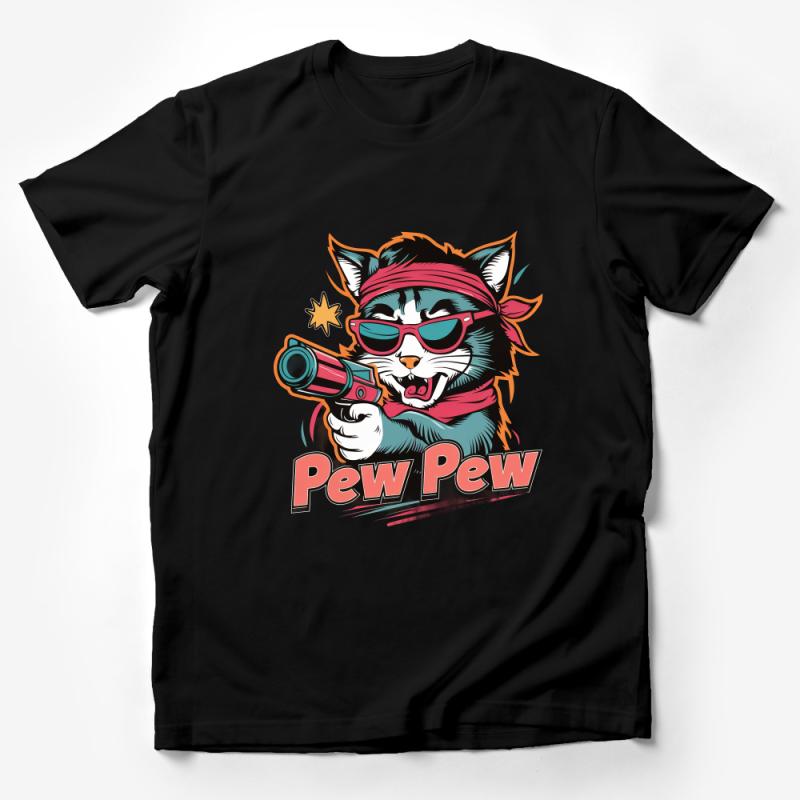 Cool Cat Pew Pew Graphic Tee, Unisex Funky Feline T-Shirt, Hipster Cat with Sunglasses and Laser Gun Top Male T-Shirt