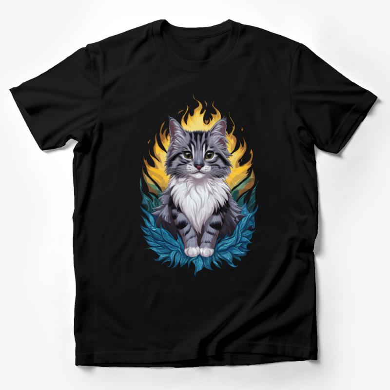 Fire and Ice Cat T-Shirt, Mystical Feline Spirit Graphic Tee, Fantasy Art, Unisex Cat Lover Gift, Unique Pet Artwork Shirt Male T-Shirt