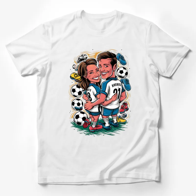 Cartoon Couple Soccer T-Shirt, Personalized Sports Fan Gift, Custom Football Lovers Tee, Unique Illustration Design Shirt Male T-Shirt