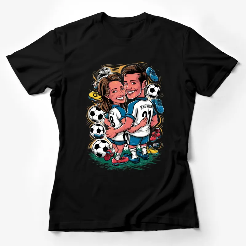 Cartoon Couple Soccer T-Shirt, Personalized Sports Fan Gift, Custom Football Lovers Tee, Unique Illustration Design Shirt Female T-Shirt