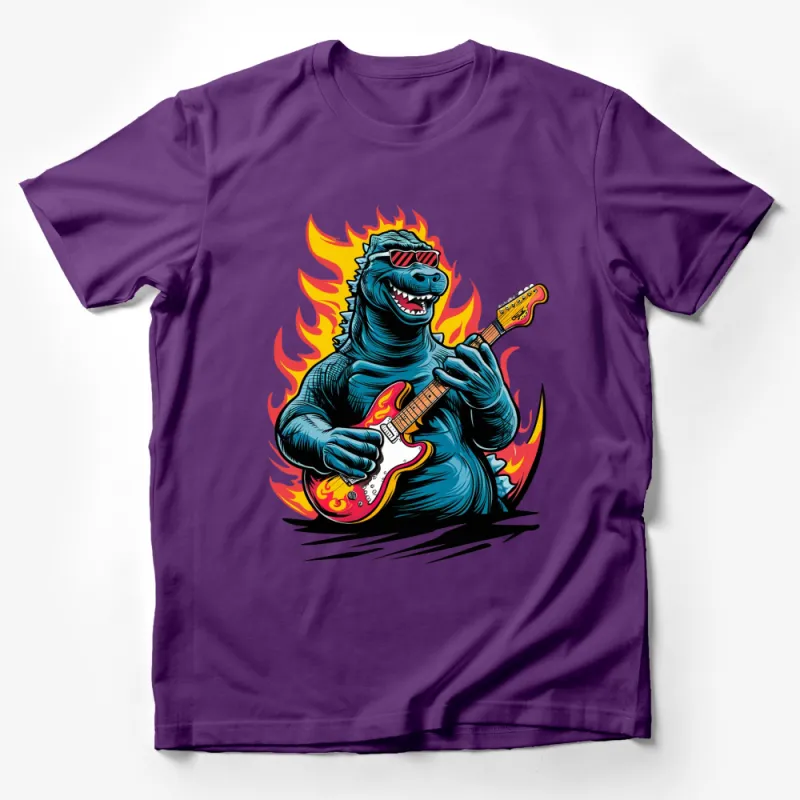 Cool Godzilla Playing Guitar T-Shirt, Fire Background, Music Monster Tee, Unique Graphic Design Shirt for Musicians Male T-Shirt