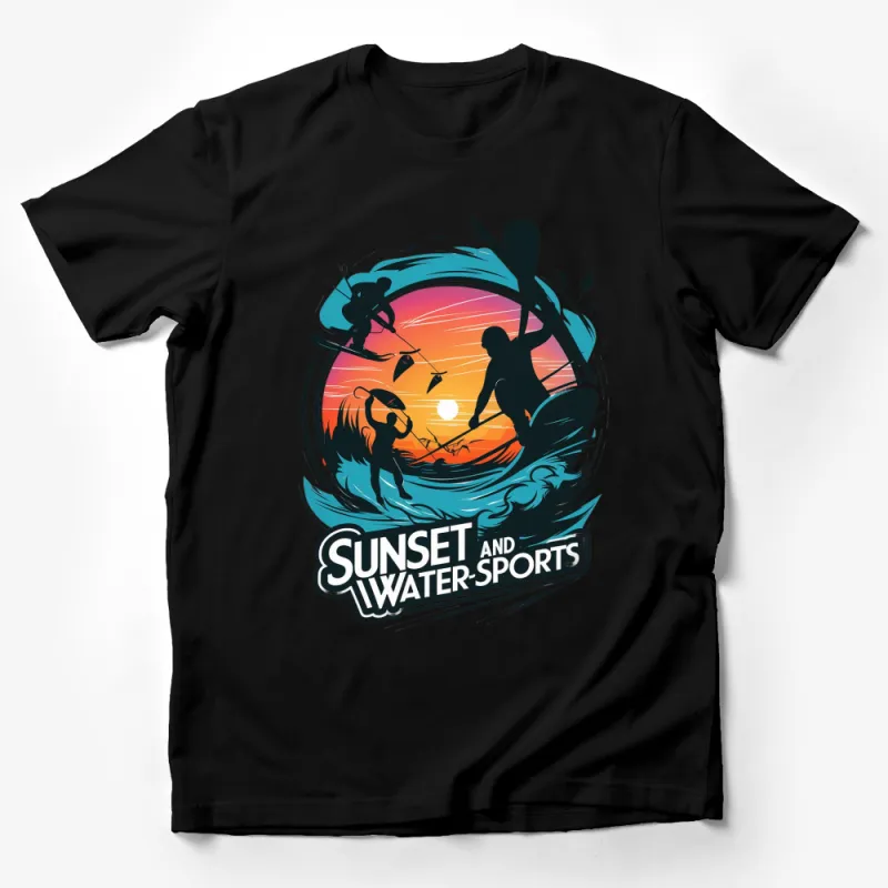 Sunset and Water Sports Graphic T-Shirt, Colorful Surfing and Kayaking Tee, Outdoor Adventure Apparel Male T-Shirt