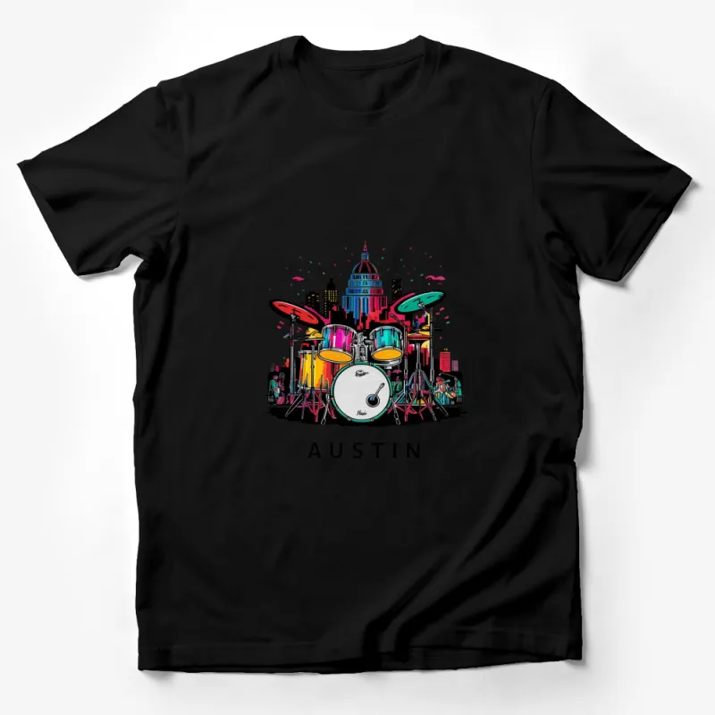 Austin Skyline Drum Set Graphic T-Shirt, Colorful Music City Design, Urban Style Tee, Unisex Male T-Shirt