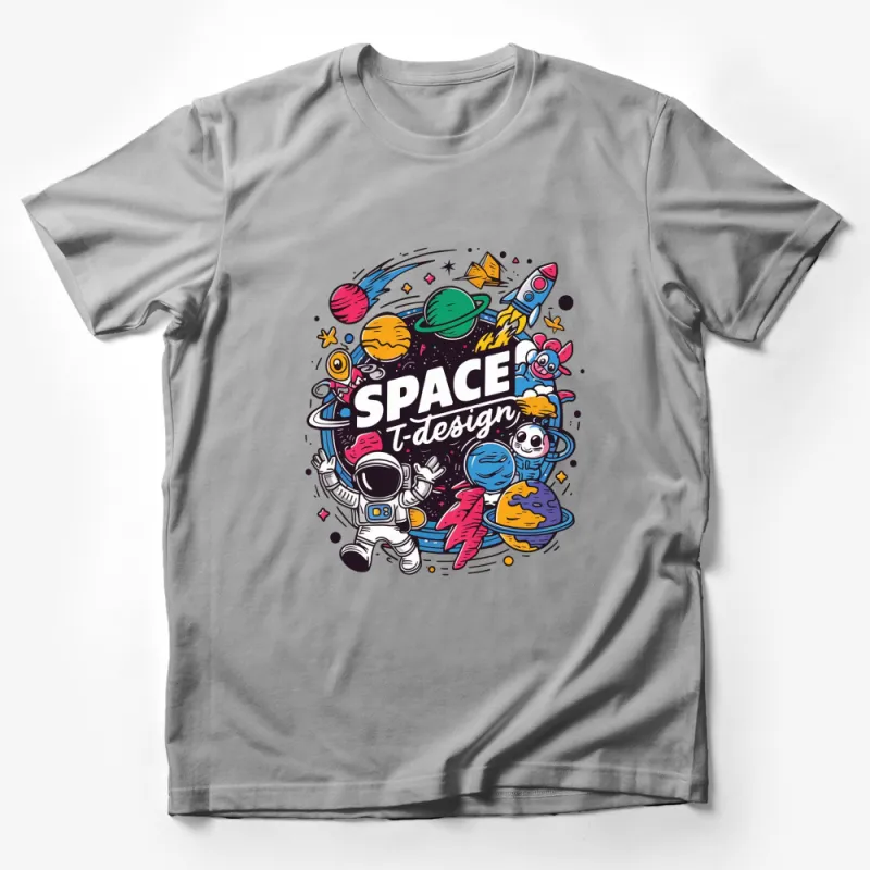 Colorful Space Adventure T-Shirt, Cartoon Astronaut and Planets Graphic Tee, Kids and Adults Male T-Shirt