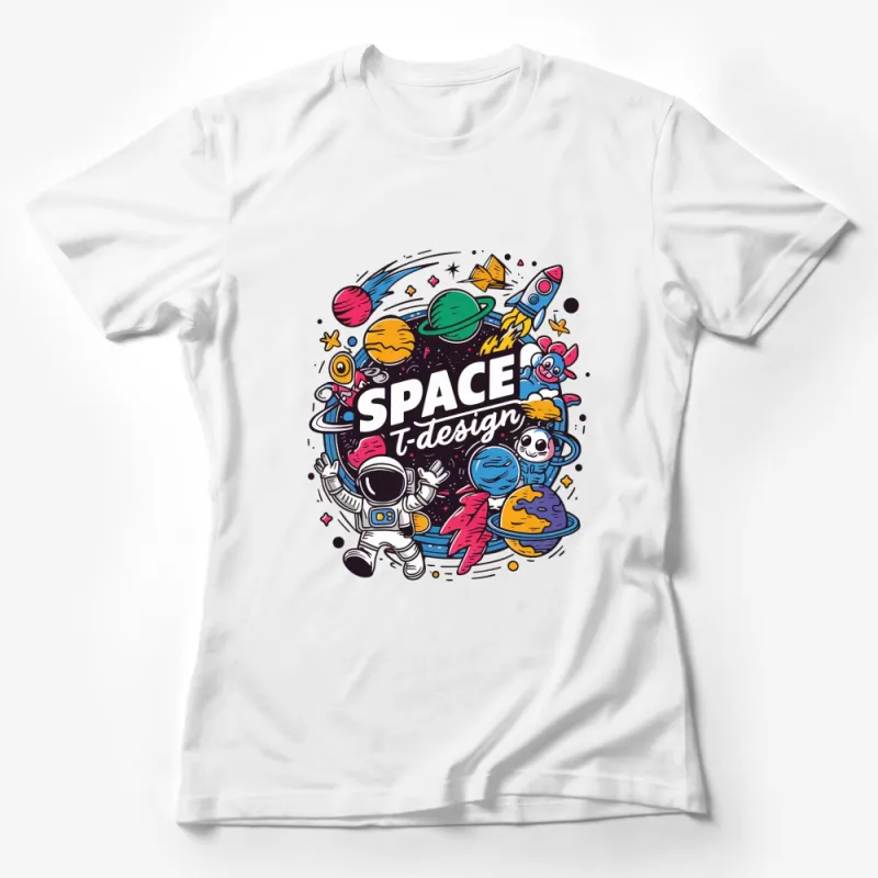 Colorful Space Adventure T-Shirt, Cartoon Astronaut and Planets Graphic Tee, Kids and Adults Female T-Shirt