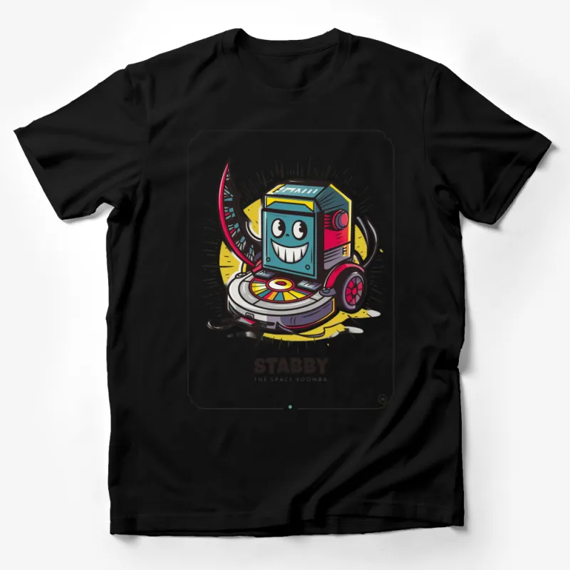 Stabby the Space Roomba Cartoon Graphic T-Shirt, Unique Fun Robot Design Tee, Gift for Tech Geeks Male T-Shirt