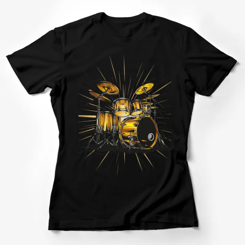 Vibrant Drum Kit Design T-Shirt for Musicians, Gold Drum Set Tee, Music Lover Gift Idea Female T-Shirt