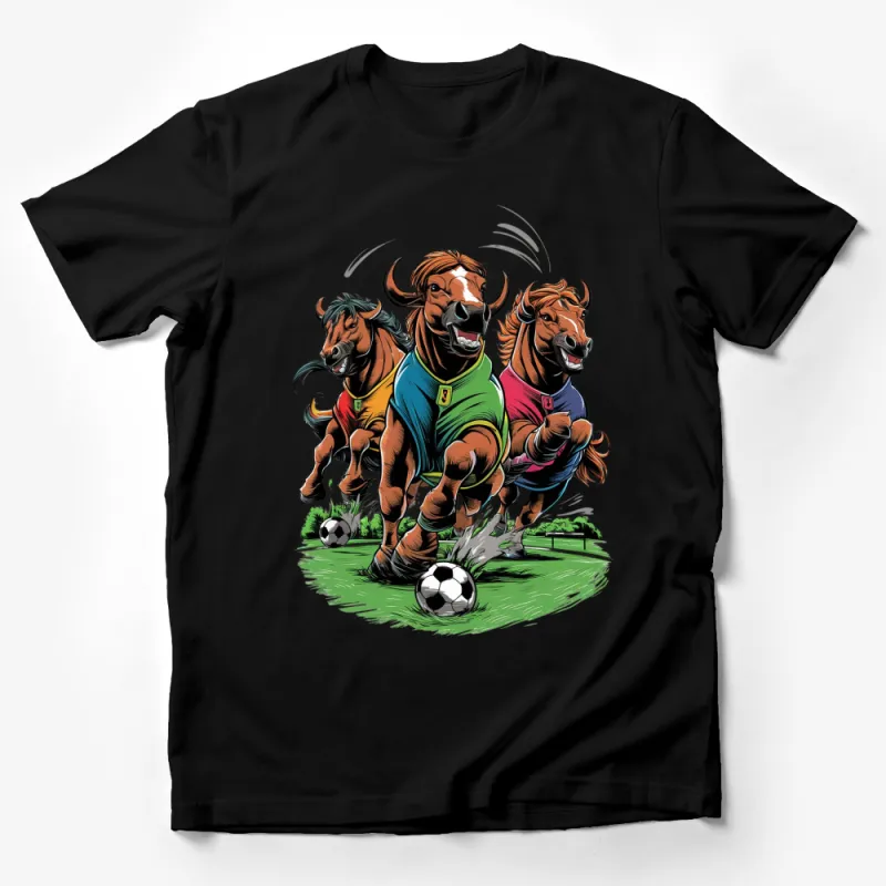 Colorful Soccer Playing Horses T-Shirt, Kids Sports Cartoon Tee, Vibrant Youth Soccer Top Male T-Shirt