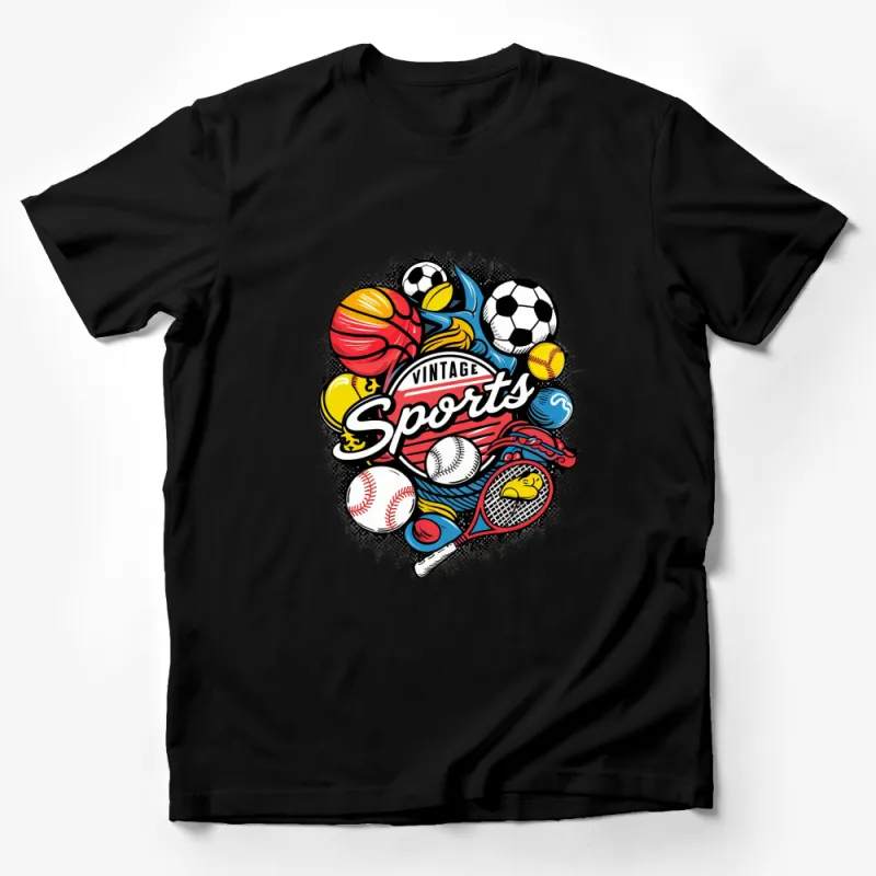 Vintage Sports Graphic Tee, Colorful Athletic Balls T-Shirt, Soccer Baseball Football Design Male T-Shirt