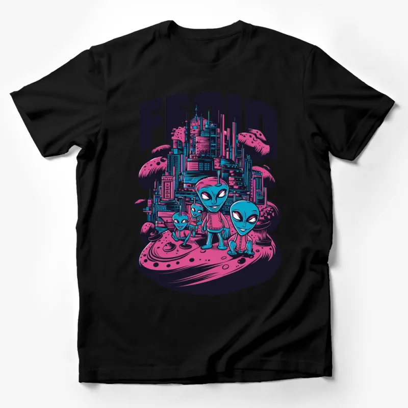 Retro Alien City Invasion Graphic T-Shirt, Colorful Extraterrestrial Urban Art, Unisex Tee Male T-Shirt