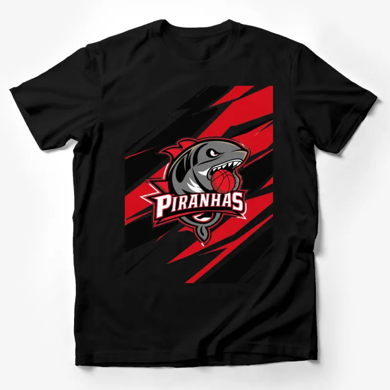 Bold Piranhas Basketball Team Graphic T-Shirt, Red and Black Sports Fan Tee, Unisex Male T-Shirt