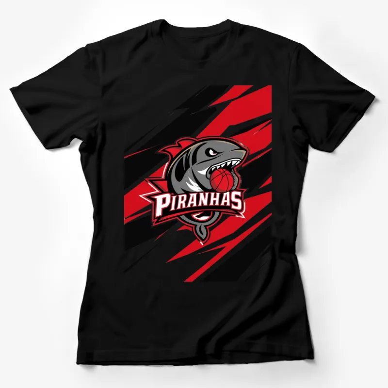 Bold Piranhas Basketball Team Graphic T-Shirt, Red and Black Sports Fan Tee, Unisex Female T-Shirt