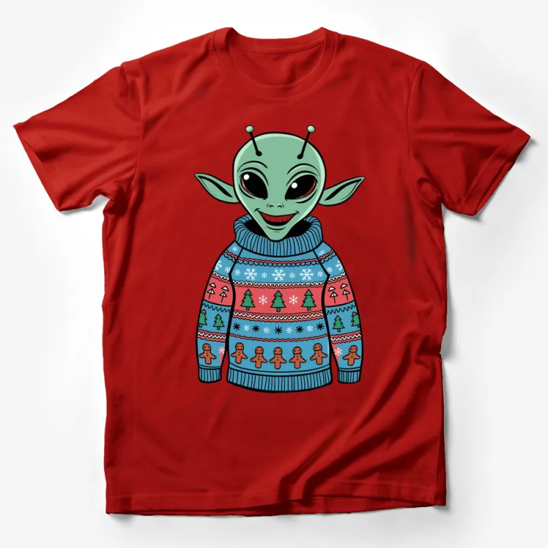 Cute Alien Graphic T-Shirt, Funny Extraterrestrial in Ugly Sweater, Unisex Tee, Gift for Sci-Fi Lovers, Holiday Apparel Male T-Shirt