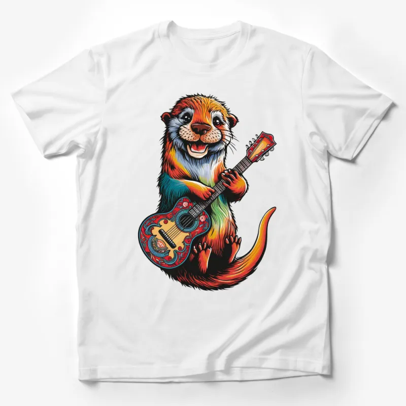 Colorful Otter Playing Guitar T-Shirt, Unique Musician Otter Graphic Tee, Unisex Casual Wear Male T-Shirt