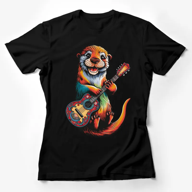 Colorful Otter Playing Guitar T-Shirt, Unique Musician Otter Graphic Tee, Unisex Casual Wear Female T-Shirt