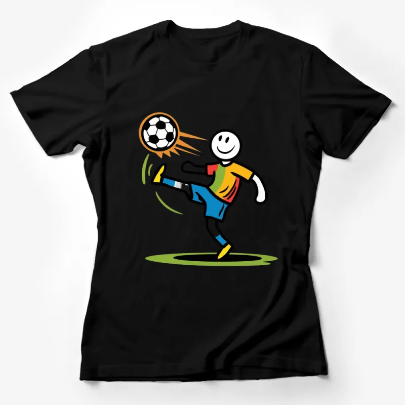 Colorful Soccer Player Kicking Ball T-Shirt, Fun Sports Graphic Tee, Unisex Football Shirt for All Ages Female T-Shirt