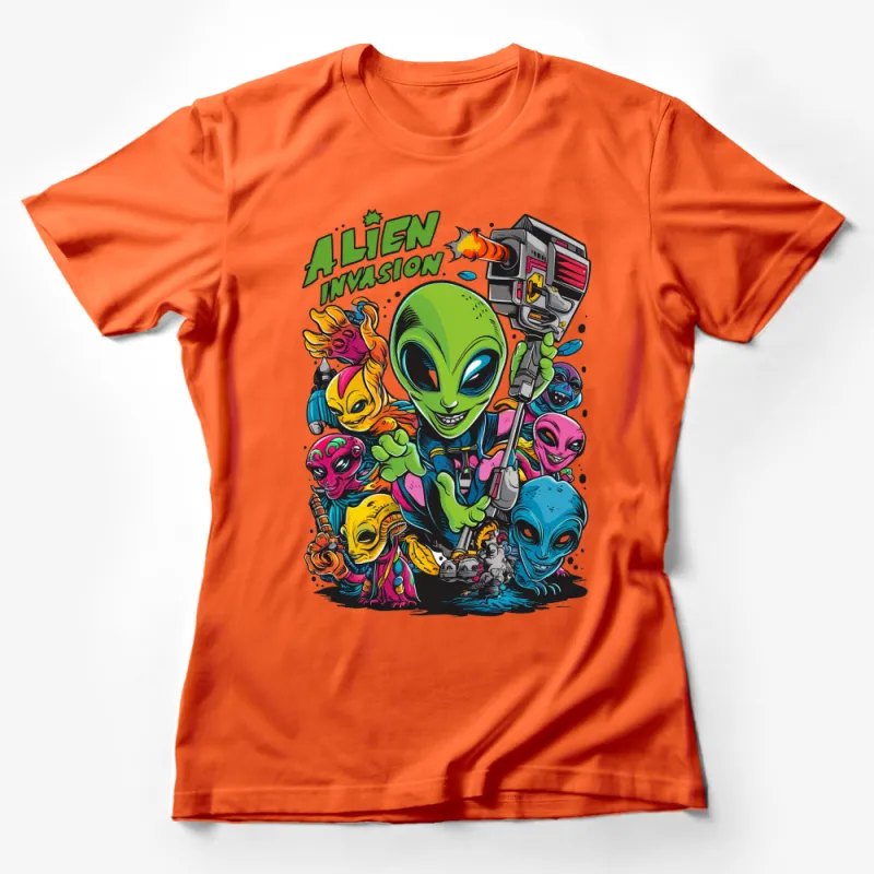 Alien Invasion Colorful Cartoon Graphic T-Shirt, Fun Extraterrestrial Character Tee, Unisex and Youth Sizes Available Female T-Shirt