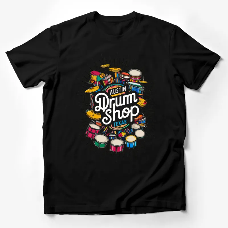 Austin Drum Shop Texas Music Lover T-Shirt, Colorful Drum Set Graphic Tee, Unisex Musician Apparel Male T-Shirt