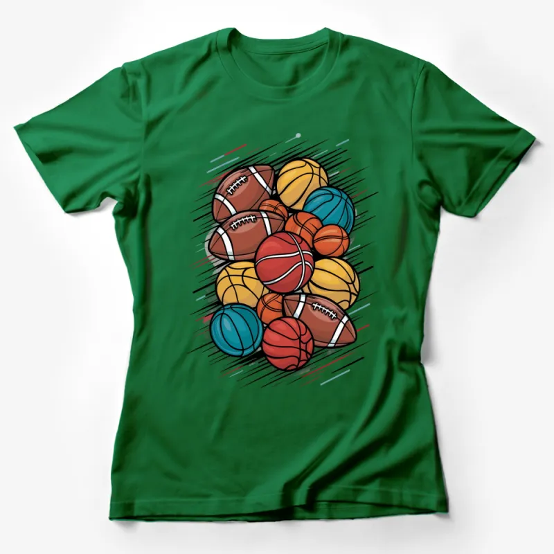 Colorful Sports Balls Graphic T-Shirt, Vibrant Football Basketball Volleyball Tee, Unisex Sports Fan Apparel, Gift for Athletes Female T-Shirt