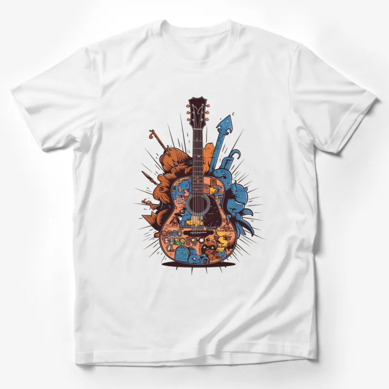 Vintage Guitar Graphic T-Shirt, Colorful Music Festival Tee, Artistic Retro Design, Unisex Apparel Male T-Shirt