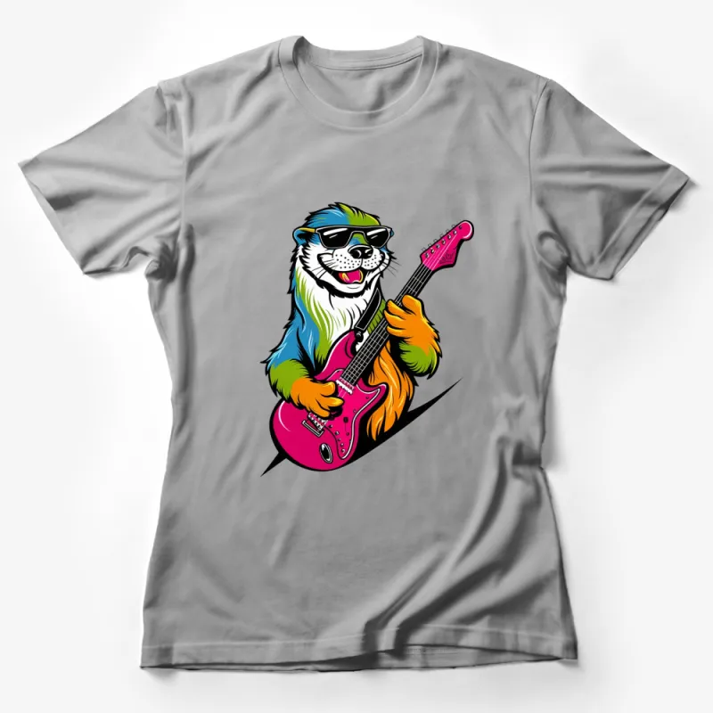 Colorful Otter Guitarist T-Shirt, Cool Music Otter with Sunglasses, Unisex Graphic Tee Female T-Shirt