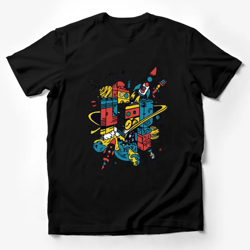 Space Adventure Graphic T-Shirt, Colorful Rocket and Planets Tee, Unisex Kids and Adults, Unique Gift Idea Male T-Shirt