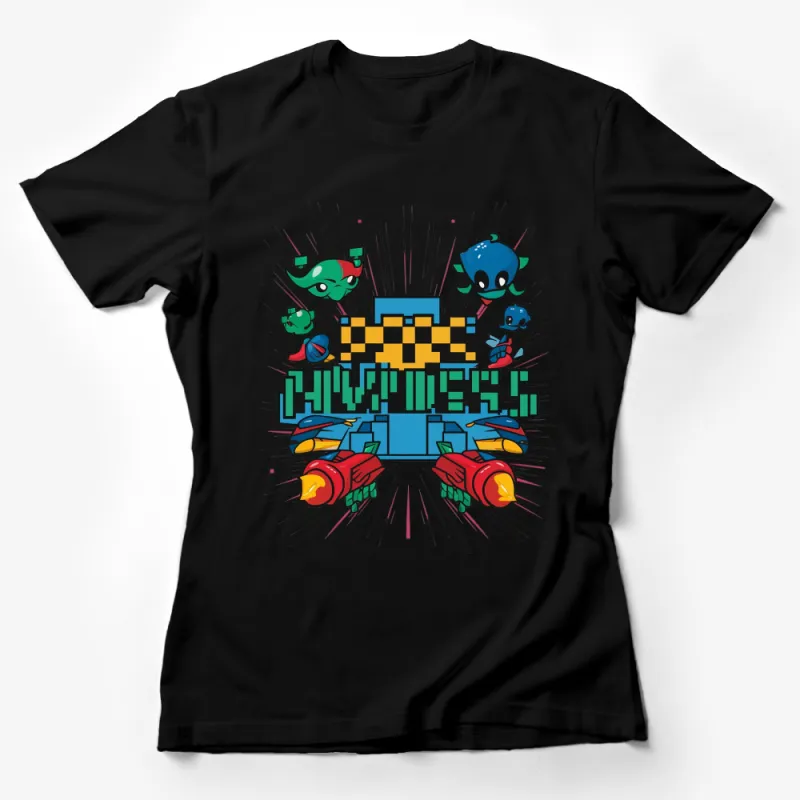 Retro Pixel Art Gamer T-Shirt, Colorful Video Game Characters Tee, Cool Graphic Shirt, Pixel Artwork Top Female T-Shirt