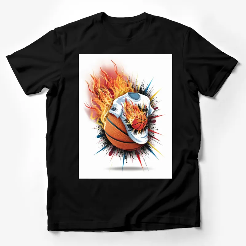 Fiery Basketball Slam Dunk Graphic T-Shirt, Cool Sports Fan Tee, Vibrant Unisex Shirt Design Male T-Shirt