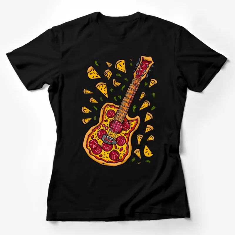 Pizza Guitar T-Shirt, Funny Music Lover Tee, Unisex Graphic Shirt, Foodie Gift, Pepperoni Guitar Illustration Female T-Shirt