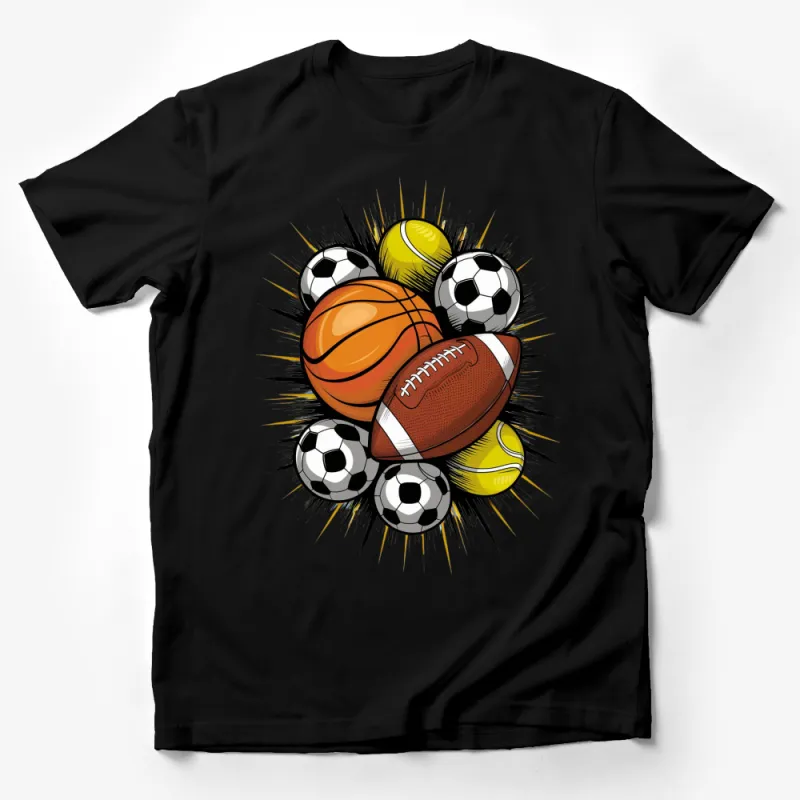 Sports Balls Graphic T-Shirt, Colorful Football, Soccer, Basketball Design, Unisex Casual Wear Male T-Shirt