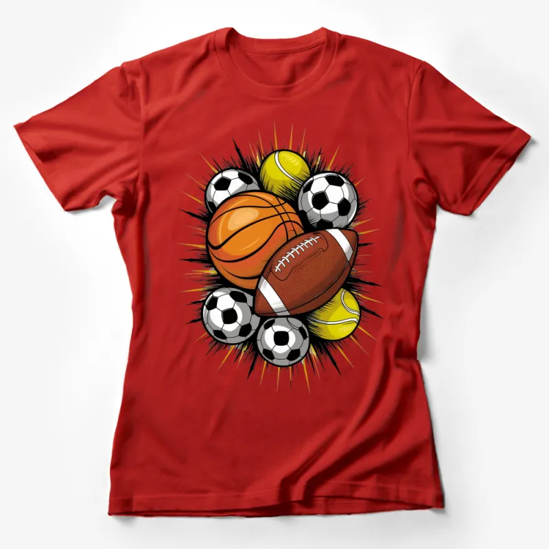 Sports Balls Graphic T-Shirt, Colorful Football, Soccer, Basketball Design, Unisex Casual Wear Female T-Shirt