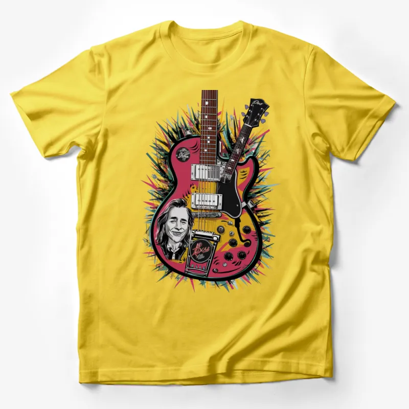 Colorful Electric Guitar T-Shirt, Retro Music Lover Tee, Vintage Guitarist Gift, Unique Rock and Roll Shirt, Artistic Apparel Male T-Shirt