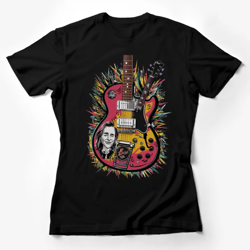 Colorful Electric Guitar T-Shirt, Retro Music Lover Tee, Vintage Guitarist Gift, Unique Rock and Roll Shirt, Artistic Apparel Female T-Shirt