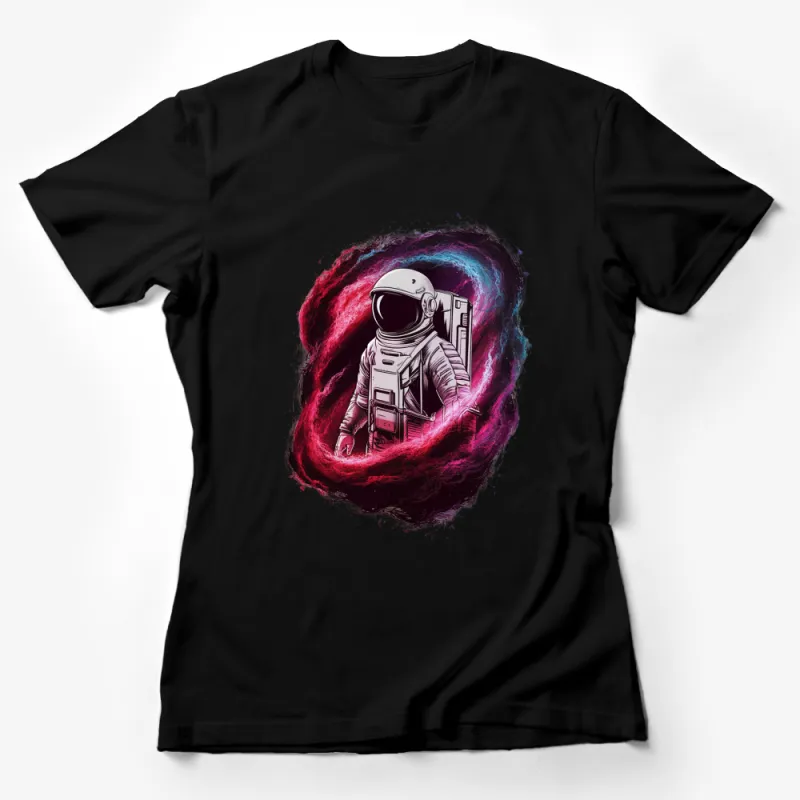 Astronaut T-Shirt, Cosmic Explorer with Vibrant Nebula, Space Art Apparel, Unisex Adult Clothing Female T-Shirt