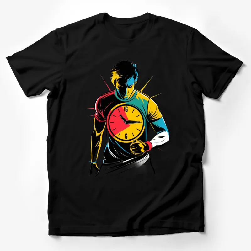 Colorful Time Keeper Graphic T-Shirt, Unique Clock Design Tee, Vibrant Artistic Apparel for All Ages Male T-Shirt