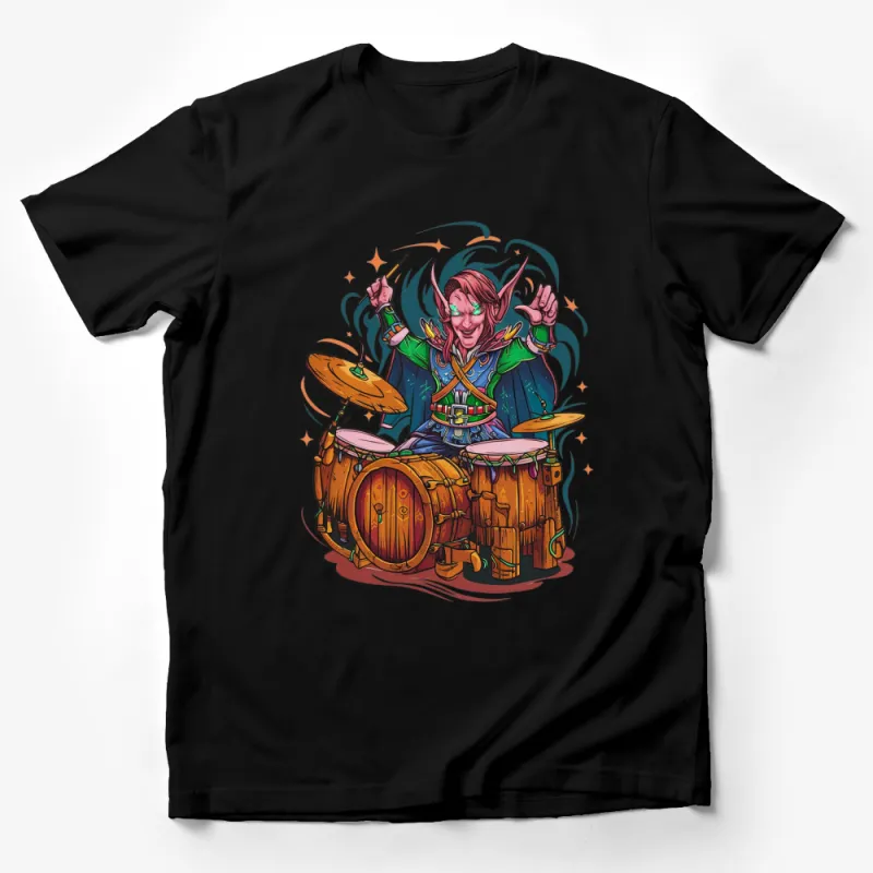 Vibrant Elf Drummer T-Shirt, Fantasy Musician Graphic Tee, Unisex Pop Culture Apparel Male T-Shirt