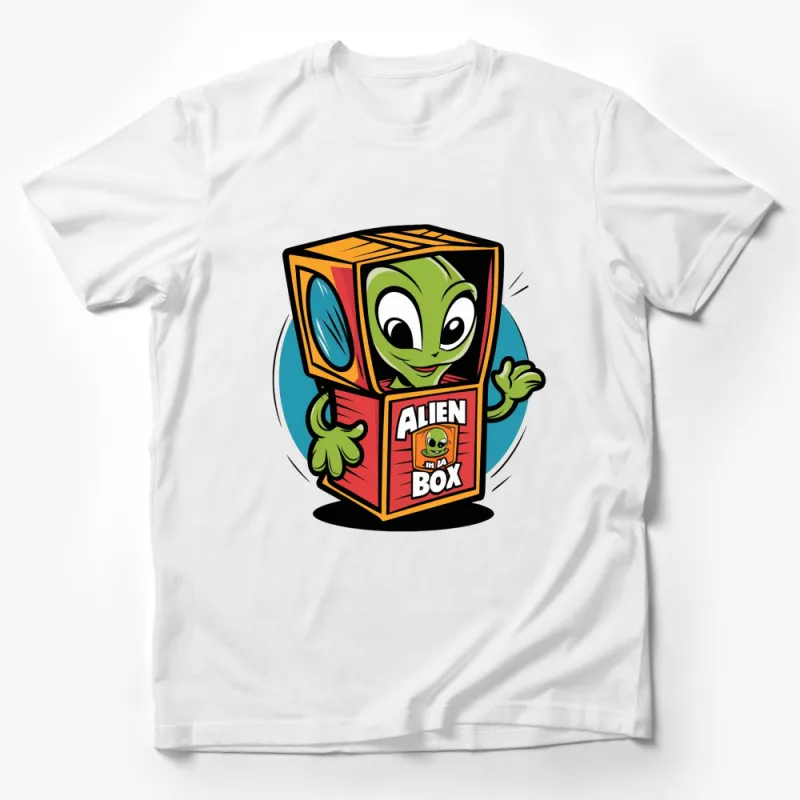 Alien in a Box Cartoon T-Shirt, Cute Extraterrestrial Graphic Tee, Fun Space Character Shirt, Unisex Kids and Adult Sizes Male T-Shirt