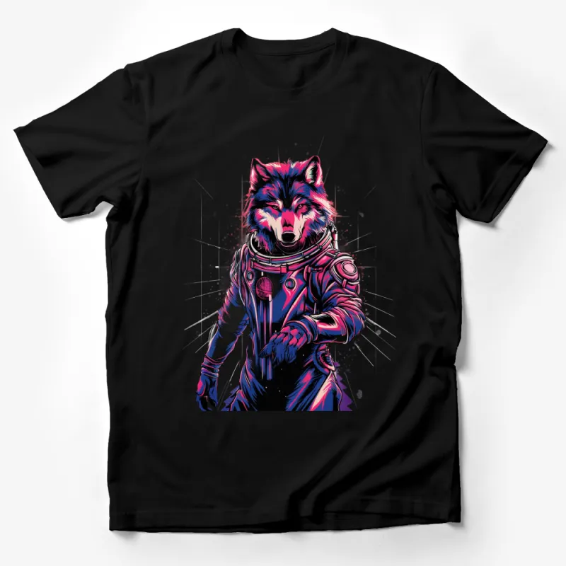 Cosmic Wolf Astronaut T-Shirt, Colorful Space-Themed Streetwear, Unisex Graphic Tee for All Ages Male T-Shirt