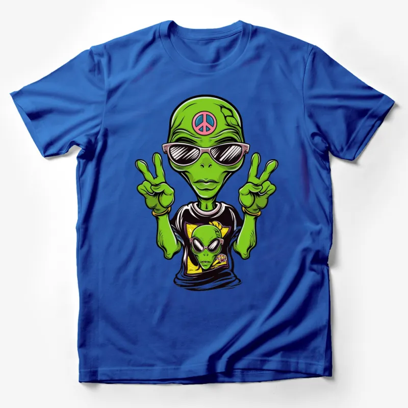 Funky Alien Peace Sign Graphic T-Shirt, Cool Extraterrestrial Tee, Unisex Alien Lover Shirt Male T-Shirt