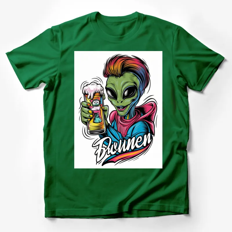 Alien Drinking Beer T-Shirt, Colorful Extraterrestrial Graphic Tee, Fun Party Alien Apparel Male T-Shirt