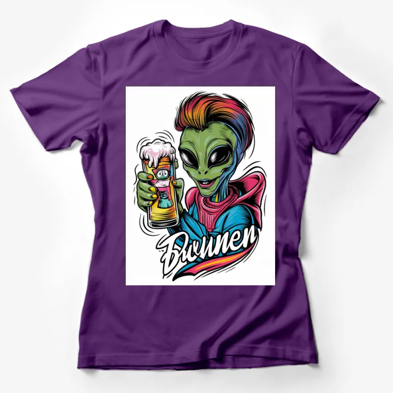 Alien Drinking Beer T-Shirt, Colorful Extraterrestrial Graphic Tee, Fun Party Alien Apparel Female T-Shirt