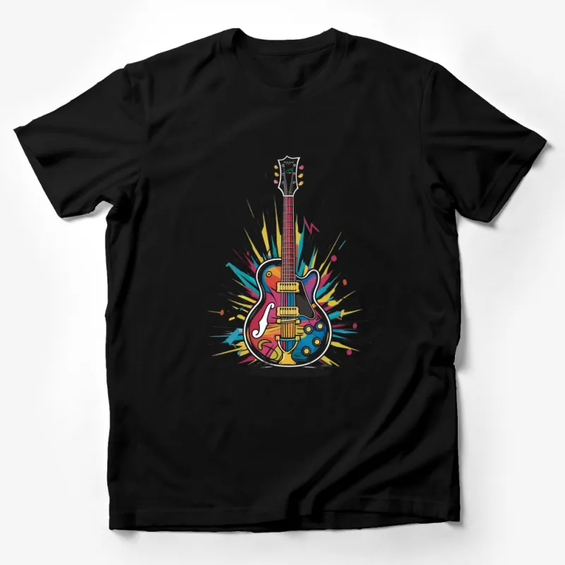 Colorful Guitar T-Shirt, Music Lover Graphic Tee, Vibrant Electric Guitar Design, Unisex Fashion Top Male T-Shirt