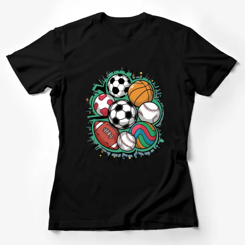 Sports Ball Collage T-Shirt for Athletes, Colorful Soccer, Basketball, Football Design Tee Female T-Shirt