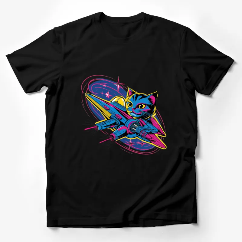 Colorful Space Cat T-Shirt, Vibrant Cosmic Kitty Tee, Retro Style Space Adventure, Cool Cat Astronaut Shirt Male T-Shirt