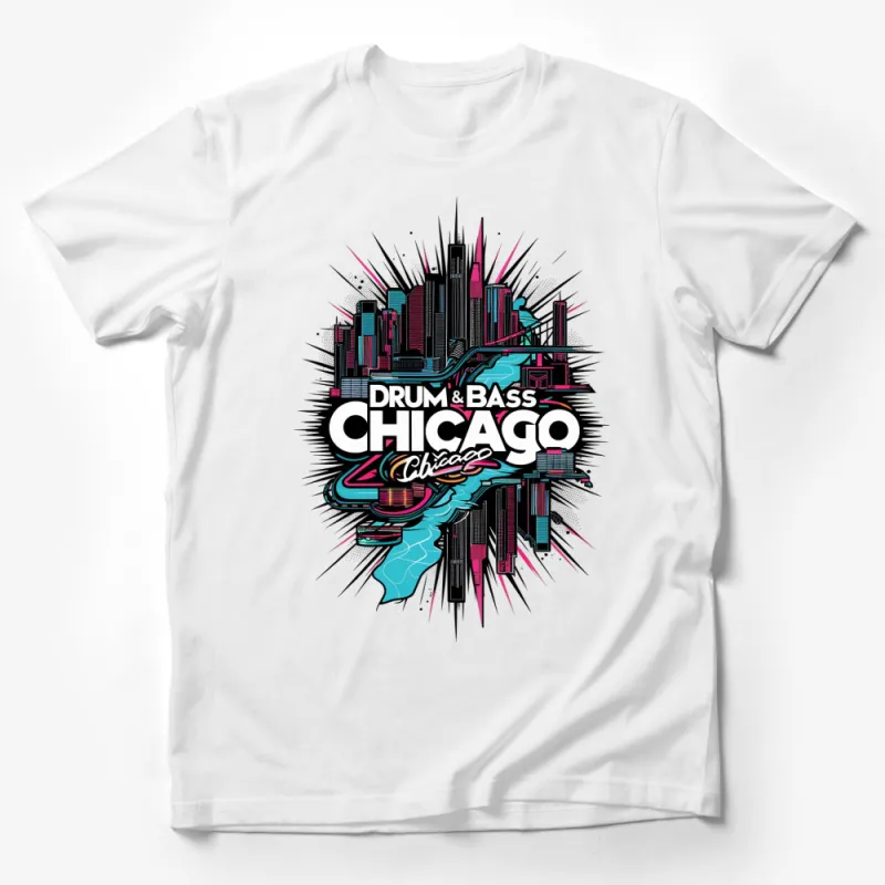 Chicago Skyline Drum and Bass Music Scene Graphic T-Shirt, Cityscape Colorful Art Tee, Urban Streetwear Male T-Shirt